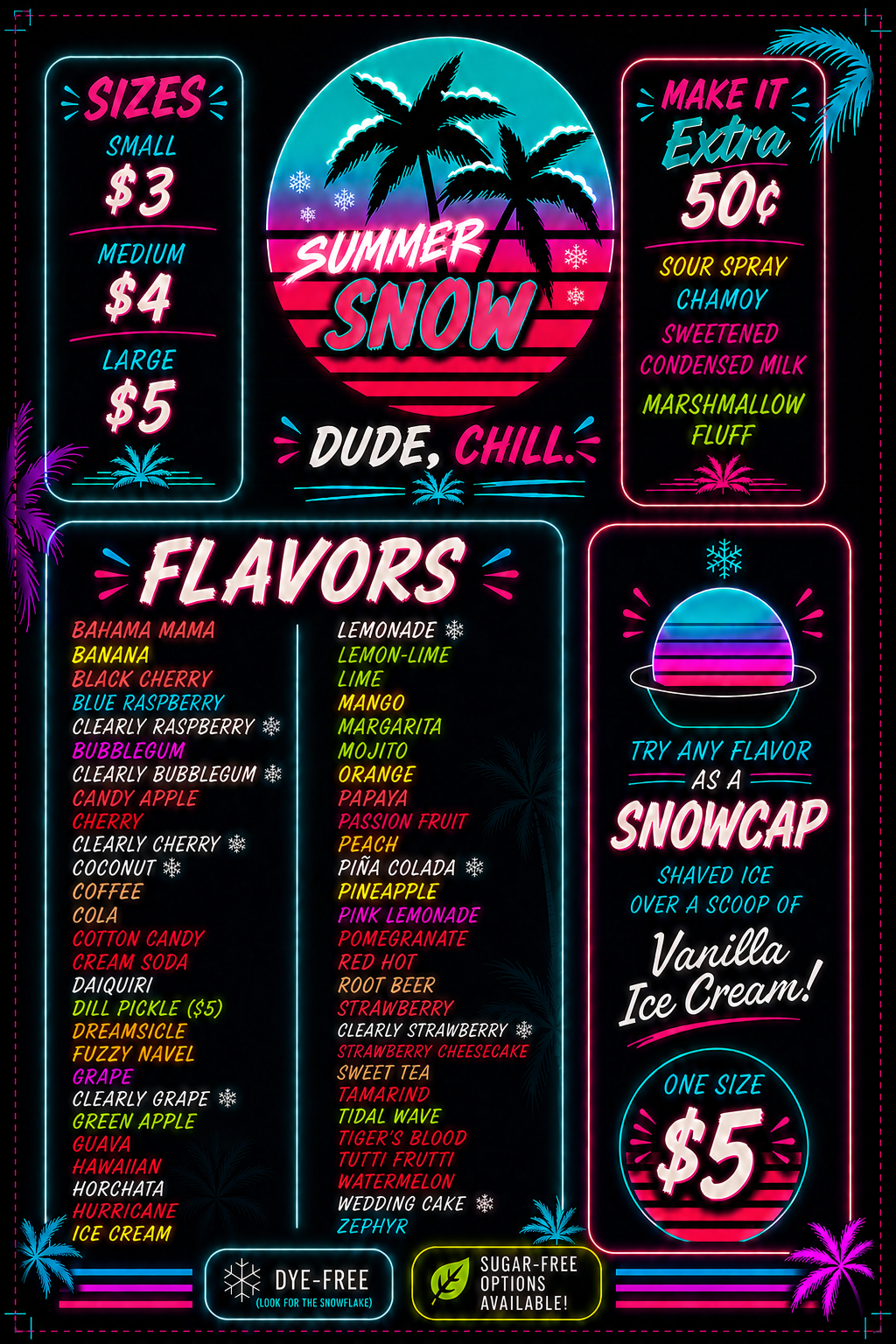 Summer Snow menu board showing sizes, extras, flavors, and Snowcap pricing